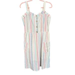 Kit & Sky Multicolor Striped Sleeveless Button Front Midi Sun Dress Size L EUC